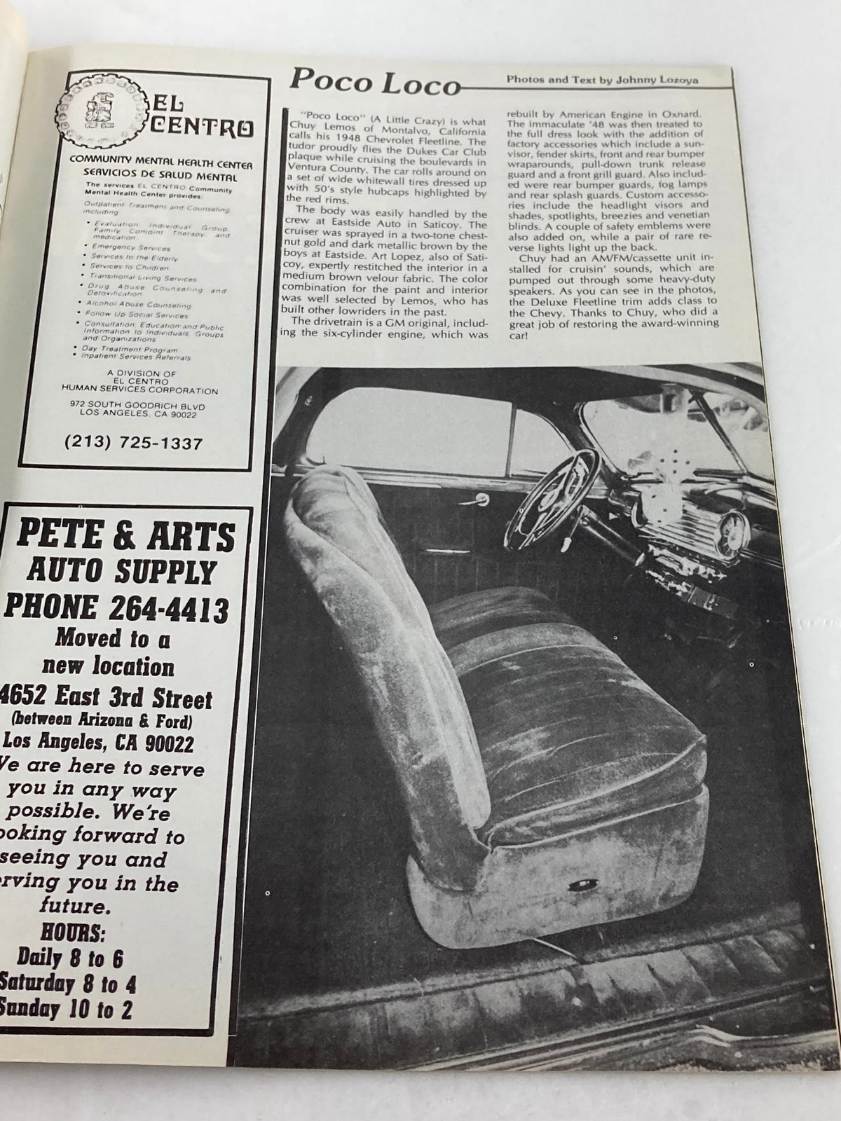 Article showcasing 'Poco Loco' in VTG LowRider Magazine December 1983, detailing the restoration of a 1948 Chevrolet while highlighting its interior and exterior features.
