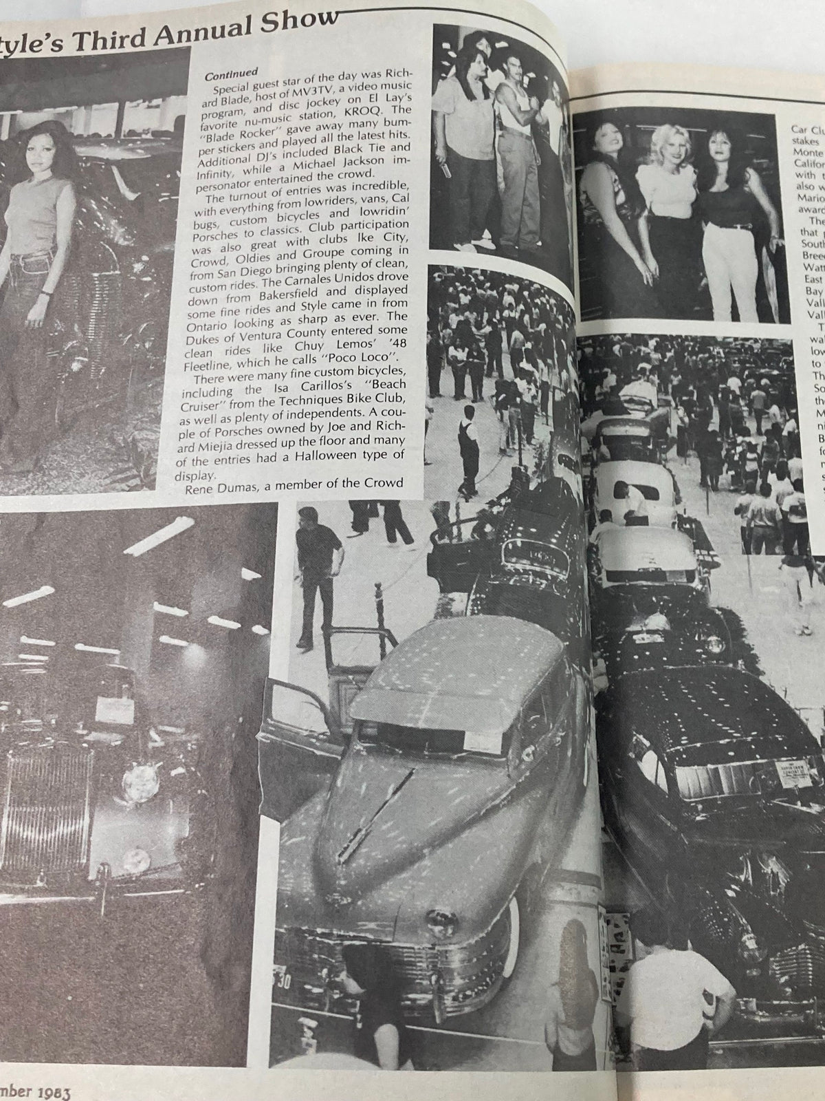Interior pages from VTG LowRider Magazine December 1983 featuring the Third Annual Show with classic cars and event attendees, part of the Santa's Sleigh Feliz Navidad theme.