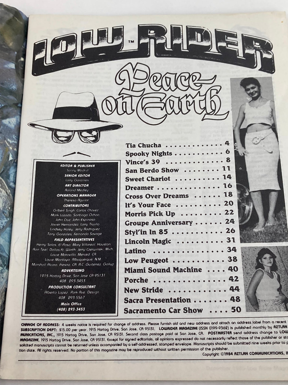 Contents page of VTG LowRider Magazine December 1985, highlighting articles including 'Latino,' 'Miami Sound Machine,' and San Berdoo Show.