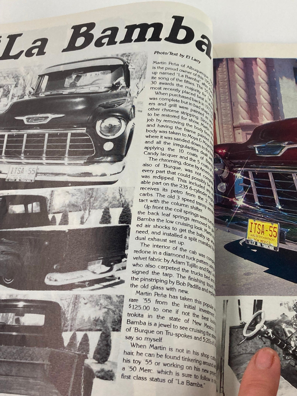 VTG LowRider Magazine November 1985 showcasing a detailed page with the story of 'La Bamba', focusing on the classic car restoration process and the unique features of the vehicle.