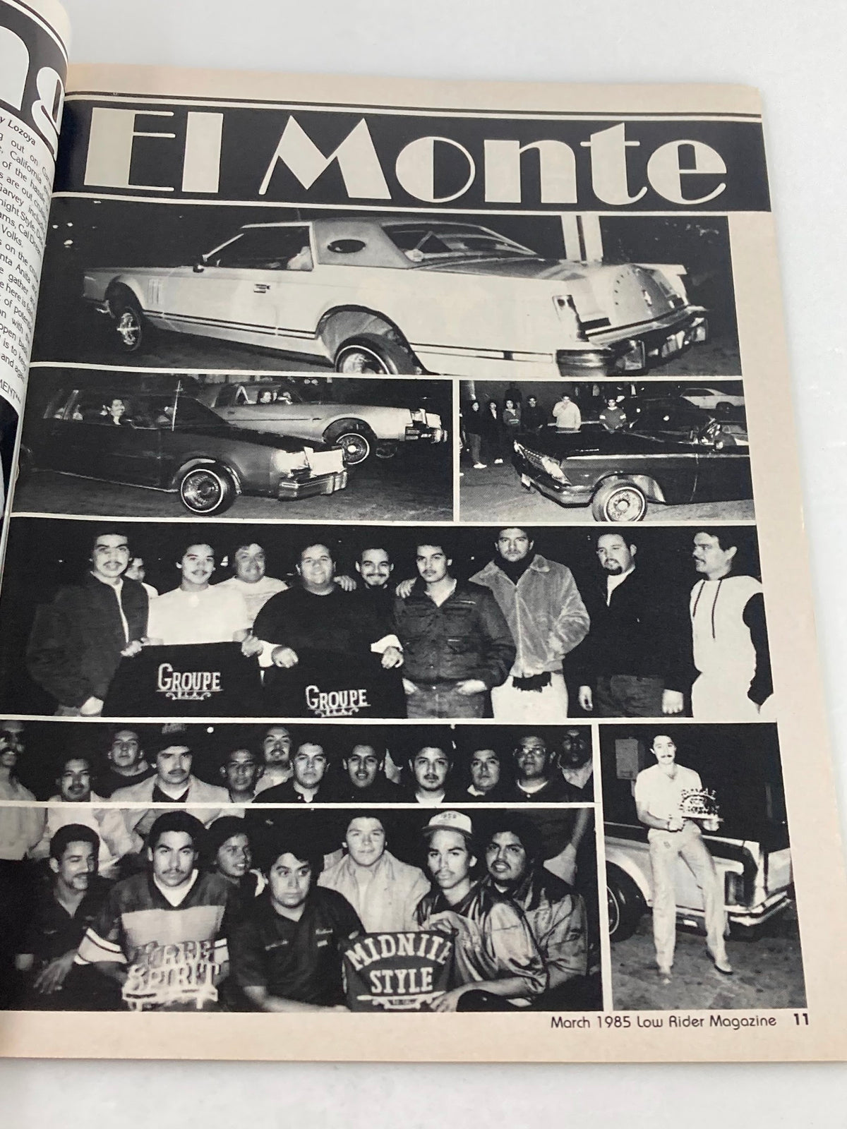 Photo collage from VTG LowRider Magazine March 1985 titled 'El Monte' displaying classic lowrider cars and cultural gatherings.