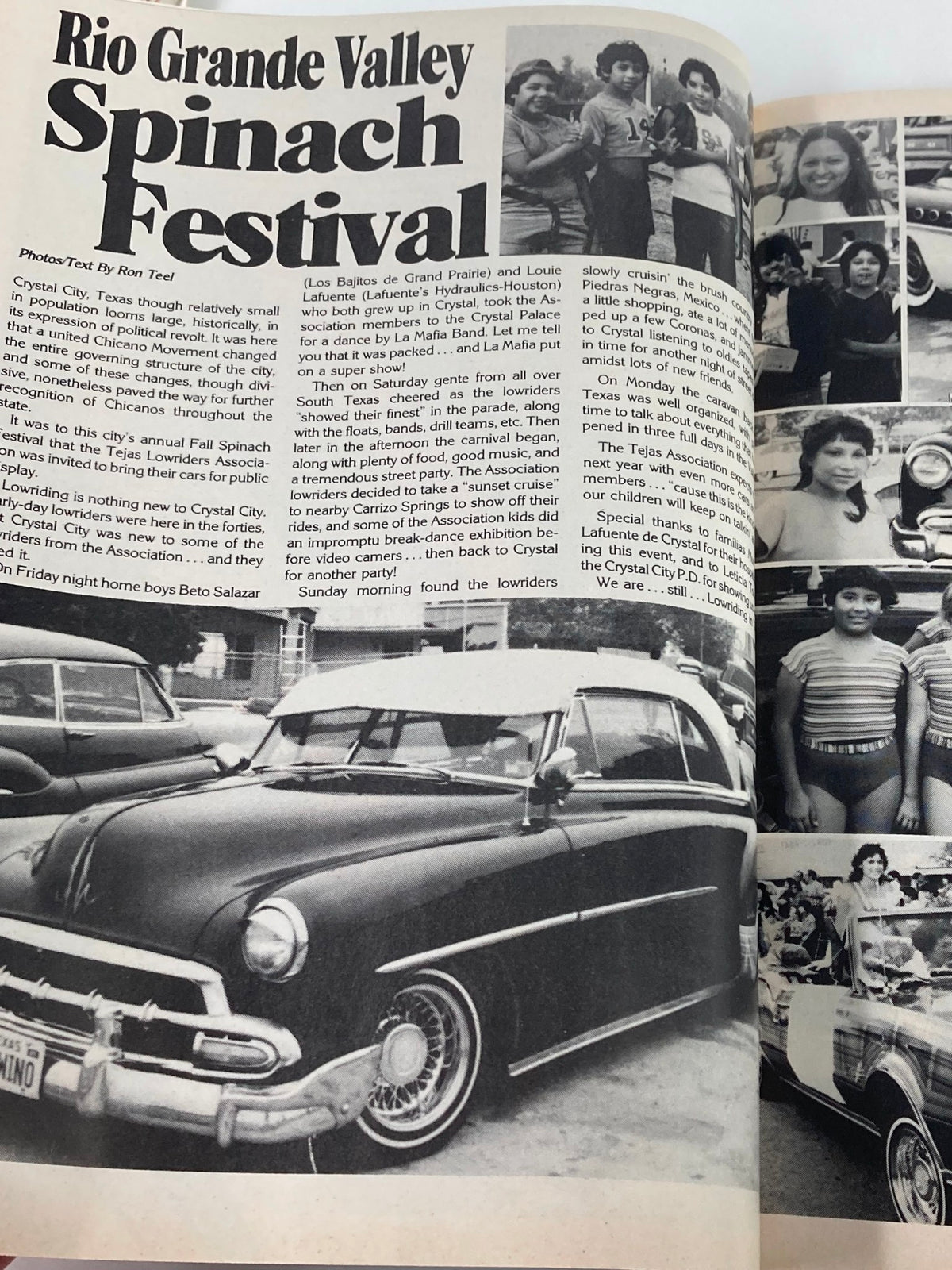 March 1985 Low Rider Magazine illustrating the Rio Grande Valley Spinach Festival. Features local children and classic cars, reflecting the community spirit and cultural celebrations.