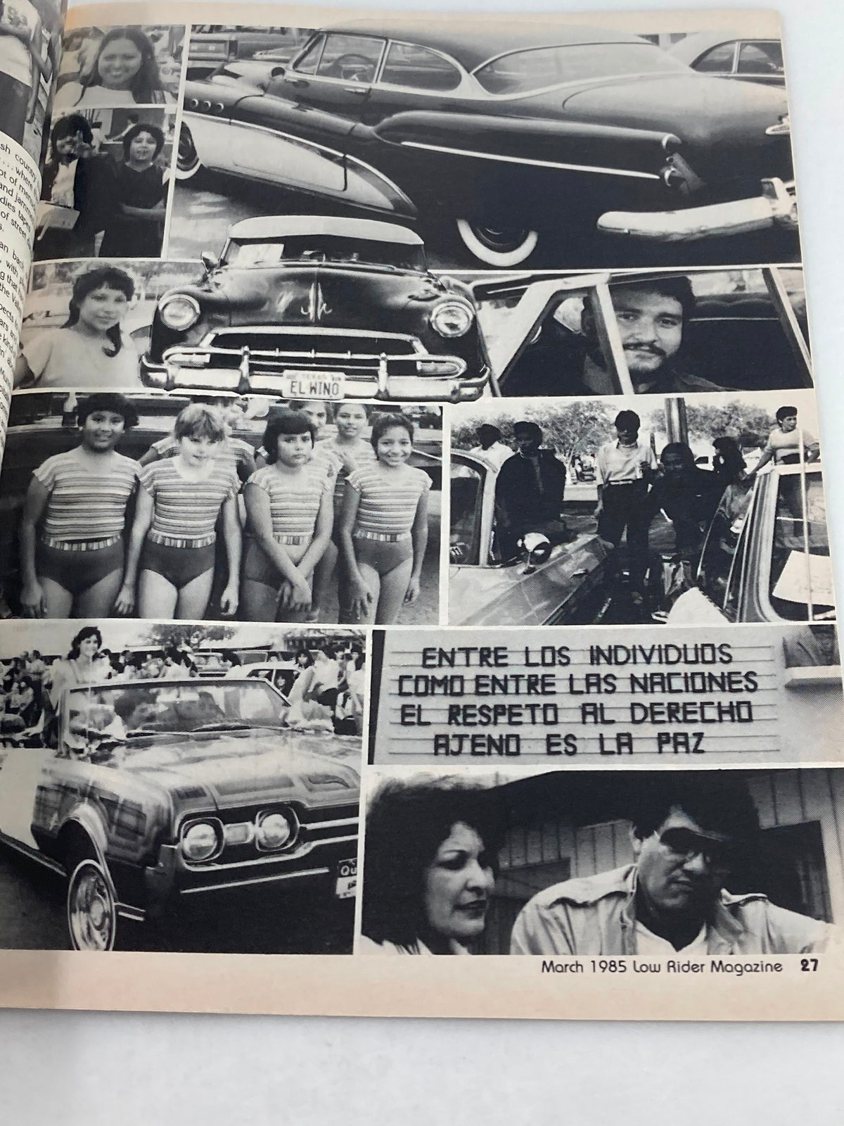 March 1985 Low Rider Magazine collage of vintage cars and community members at the festival, capturing the essence of lowrider culture and family gatherings.