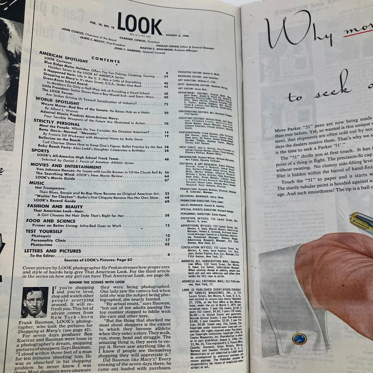Interior page of VTG Look Magazine August 6, 1946 displaying the table of contents, reflecting mid-20th century American culture.