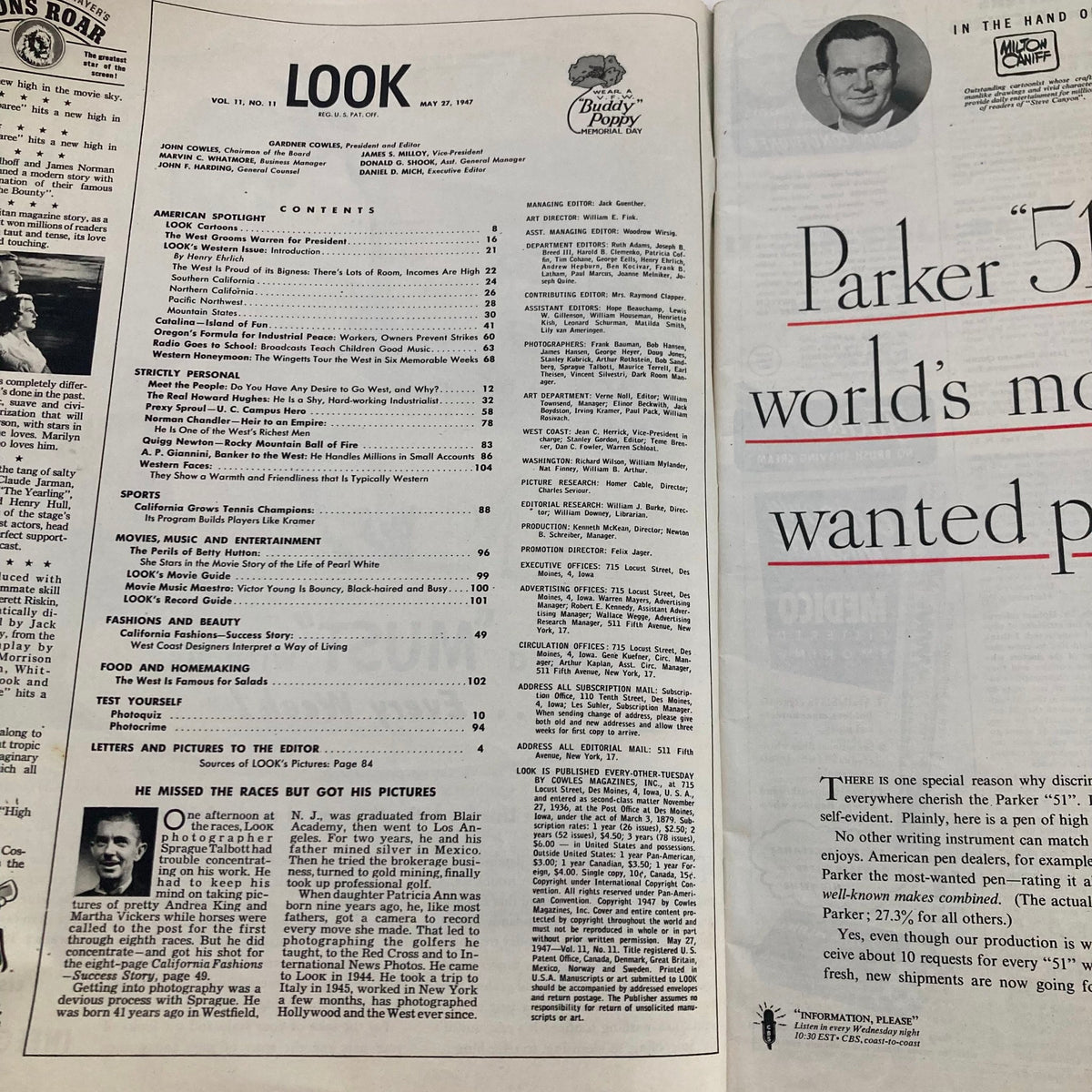 Table of contents page from VTG Look Magazine May 27, 1947, detailing articles including 'Gov. Warren for President?' and various features related to American culture and lifestyle.