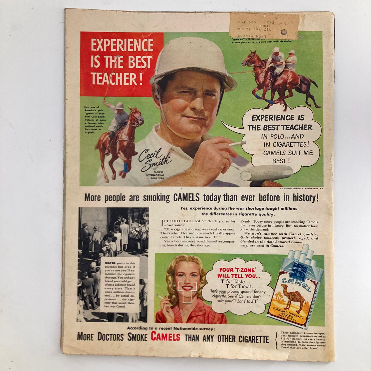 Vintage advertisement featuring polo star Cecil Smith promoting Camel cigarettes, from the VTG Look Magazine May 27, 1947. The ad emphasizes 'Experience is the Best Teacher' and showcases classic mid-20th century marketing style.