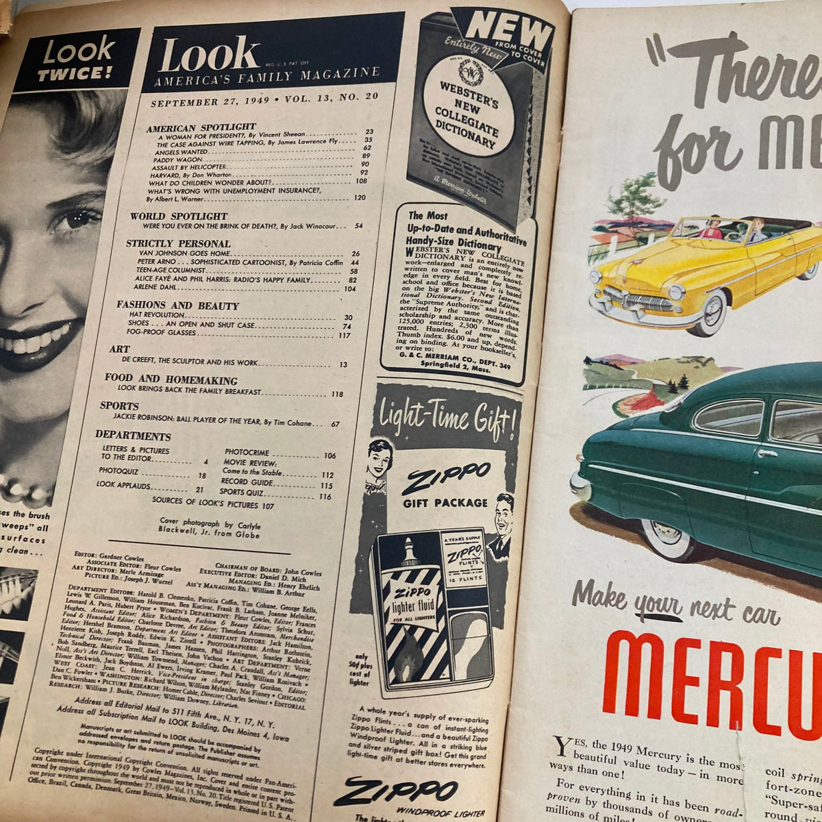 Interior page of VTG Look Magazine September 27 1949, highlighting the Table of Contents with sports section featuring Jackie Robinson as Ball Player of the Year.