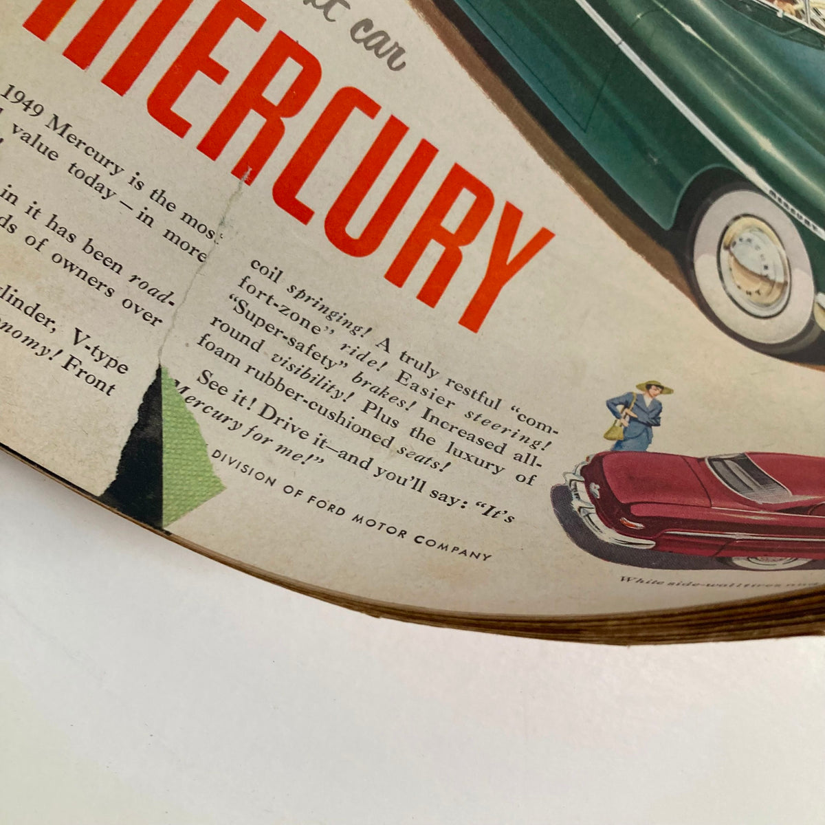 Advertisment for Mercury in VTG Look Magazine September 27 1949, illustrating vintage car design and features from that era.