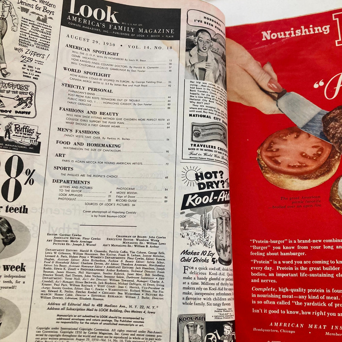 Another interior page from VTG Look Magazine August 29 1950, showcasing advertisements and features relevant to fashion, food, and homemaking of the 1950s.