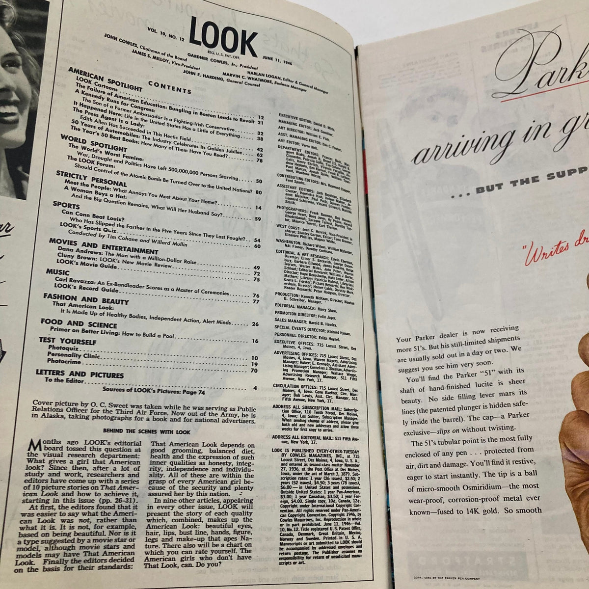 Inside page of Look Magazine from June 11, 1946, displaying the Table of Contents. This page highlights various articles including 'Bungling in Boston Leads to School Revolt', providing a glimpse into the magazine's diverse features.