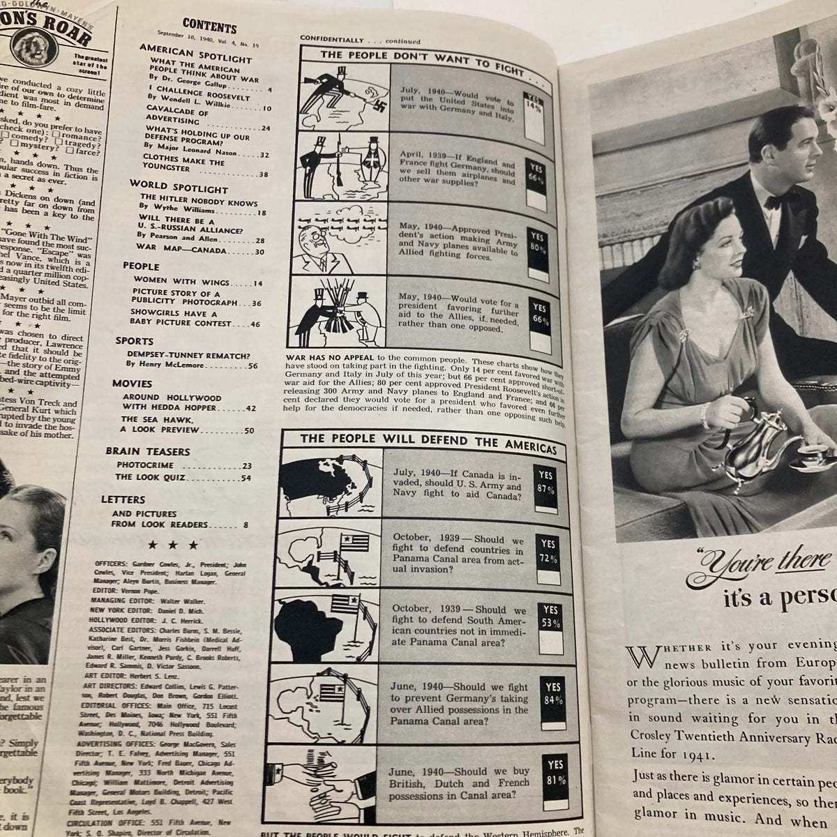 Interior page of Look Magazine September 10 1940 detailing contents including political articles and public opinion polls related to World War II themes.