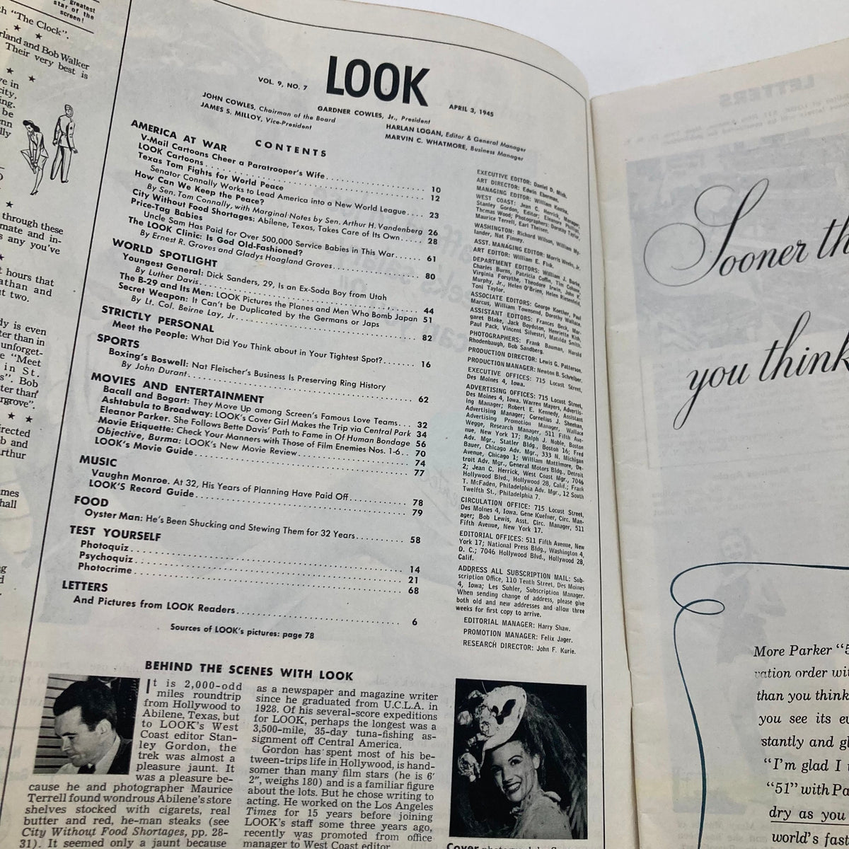 Inside page of Look Magazine April 3 1945 displaying the contents section, detailing articles and features, including topics on food, entertainment, and life during the post-war era.