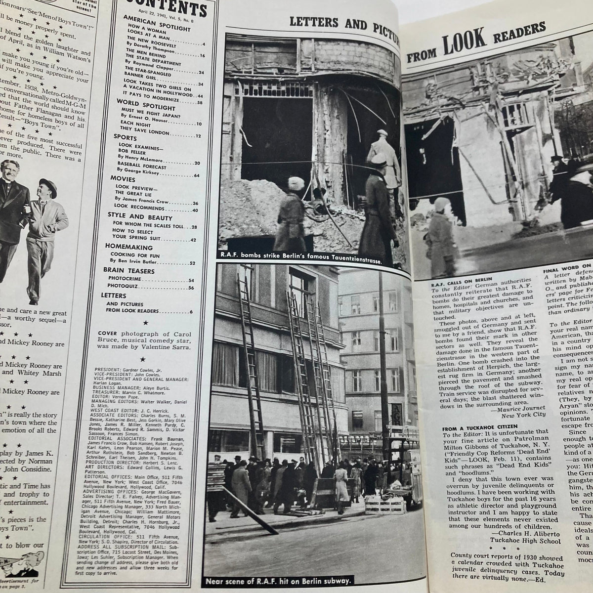 Interior page of VTG Look Magazine April 22 1941 displaying contents with articles and photographs, including scenes from Berlin during WWII and a letter section related to readers' contributions.