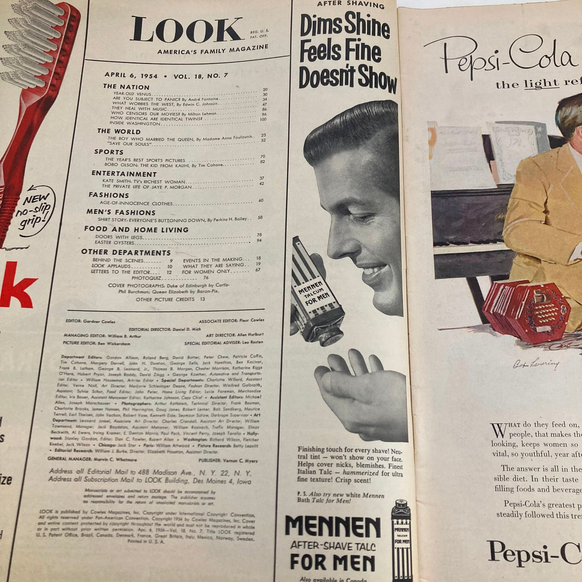Interior pages of VTG Look Magazine April 6 1954, showcasing the magazine's table of contents and advertisements.