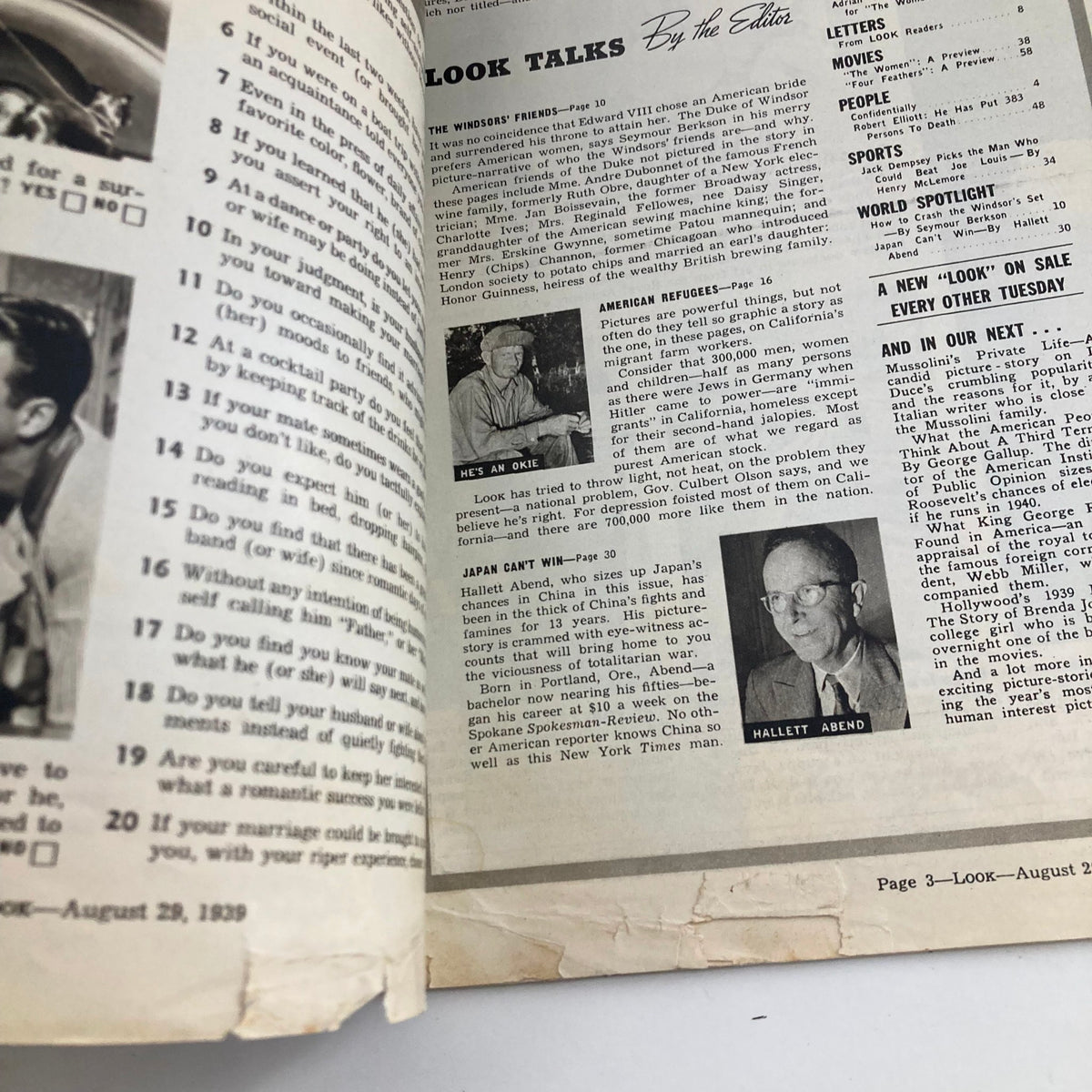 Inside page of VTG Look Magazine August 29, 1939 showcasing articles and photographs, including features on the Duke and Duchess of Windsor.