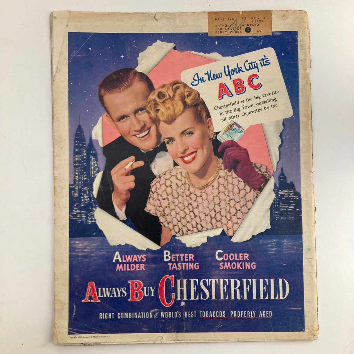 Cover of the VTG Look Magazine November 26 1946 featuring a vintage advertisement showcasing a couple promoting Chesterfield cigarettes.
