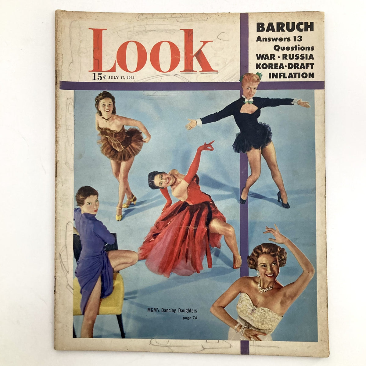 Look Magazine July 17 1951 cover featuring MGM's Dancing Daughters showcasing vibrant 1950s fashion and dance styles.