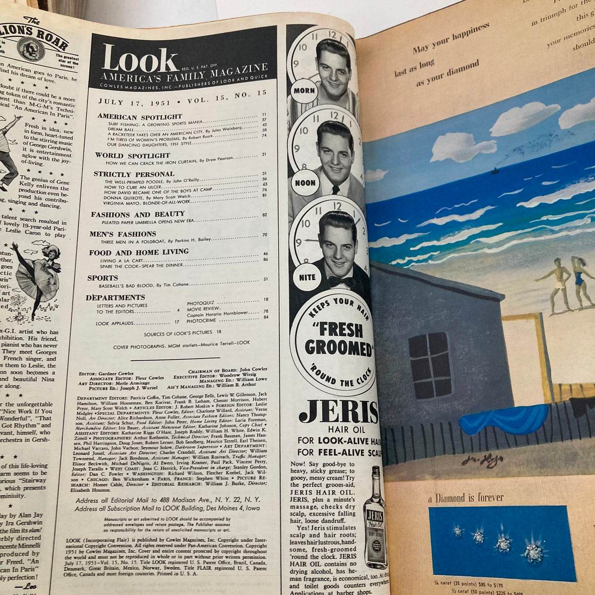 Interior page of Look Magazine July 17 1951 displaying contents and advertising including men's fashion and beauty sections.