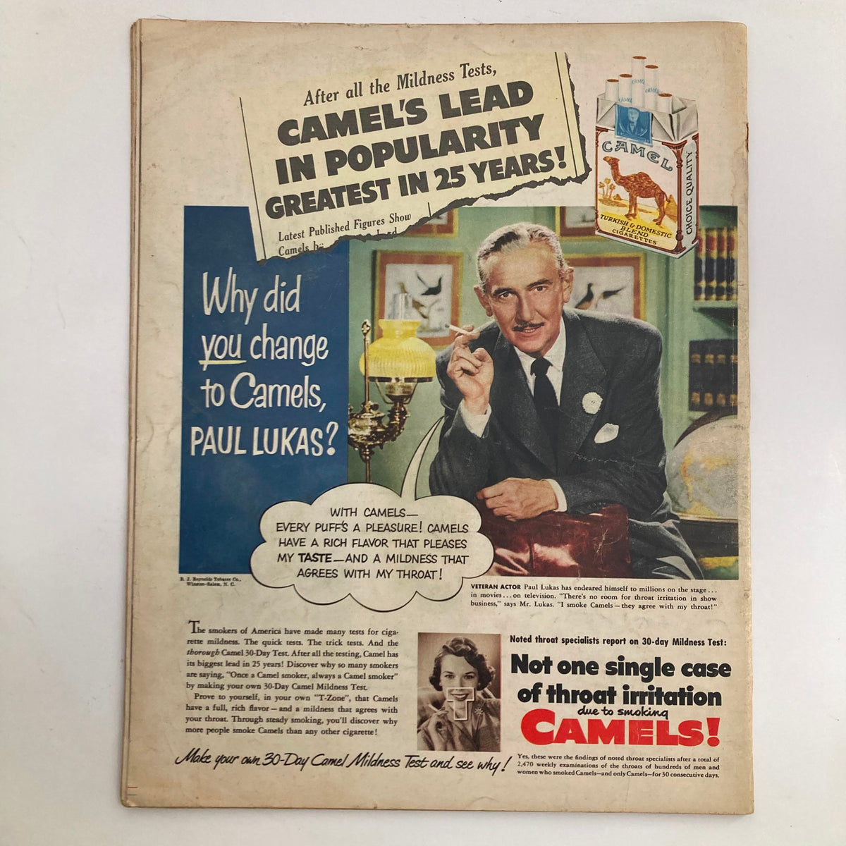 Back cover of Look Magazine July 17 1951 featuring a Camel cigarette advertisement with Paul Lukas promoting the brand.
