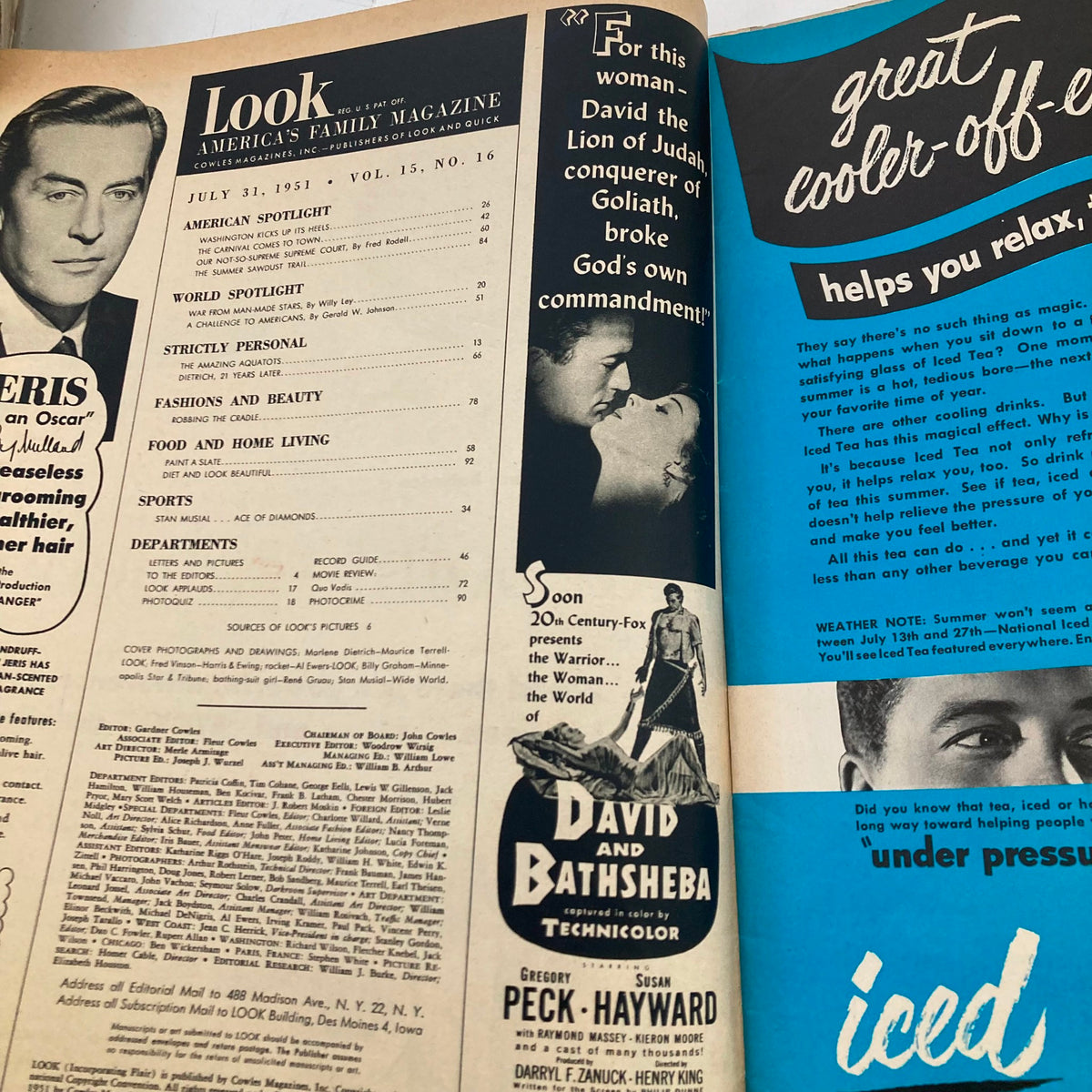 Inside feature of Look Magazine July 31 1951, showcasing table of contents and advertisements, including the romance theme and product promotions.