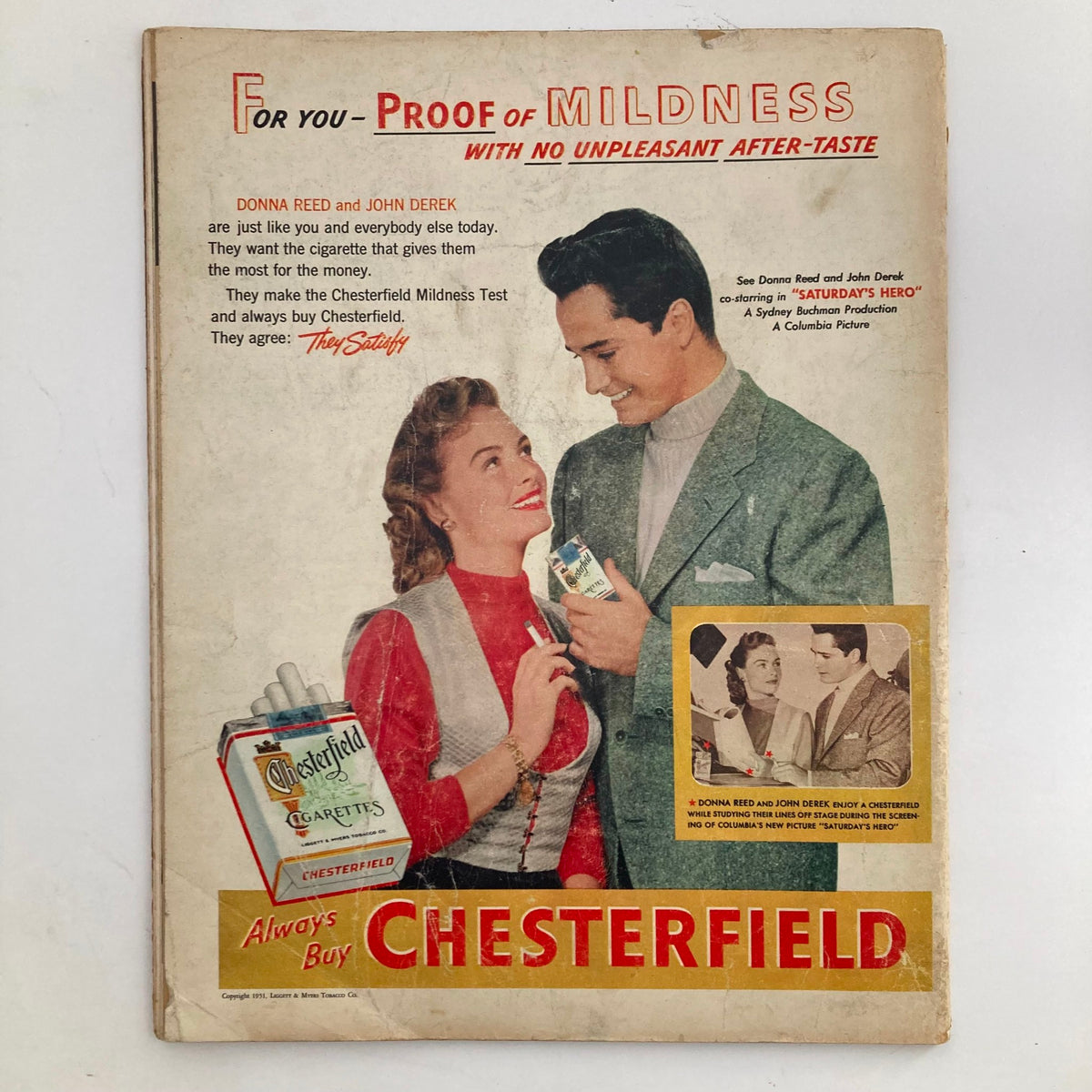 Back cover of VTG Look Magazine March 13 1951, featuring promotional content for Chesterfield cigarettes, capturing advertising styles of the 1950s.