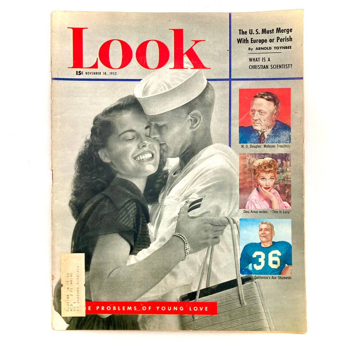 VTG Look Magazine November 18, 1952 cover featuring a couple in a romantic embrace, alongside images of W.O. Douglas, Lucille Ball, and Ace Olszewski.