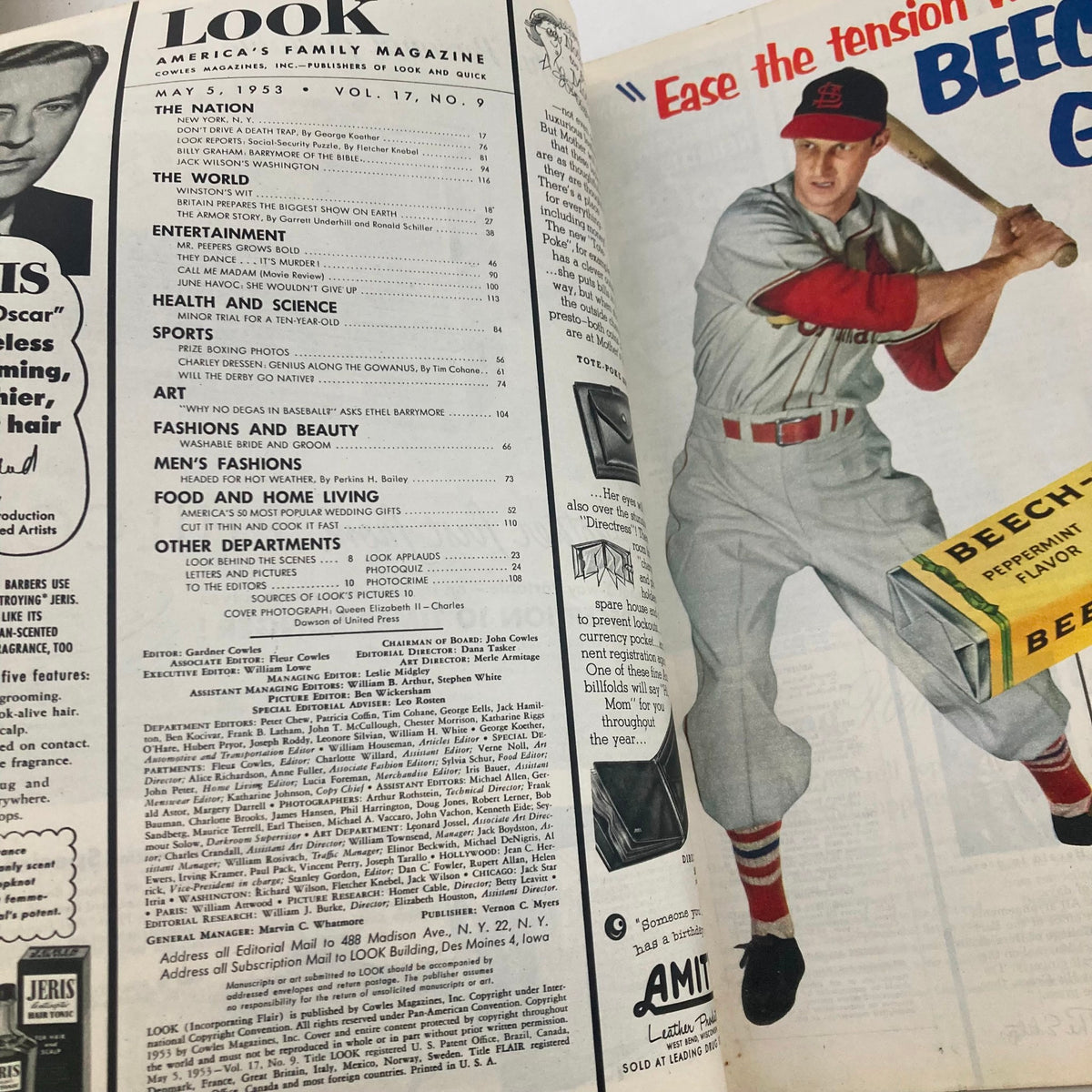Inside page of VTG Look Magazine May 10 1953 showcasing contents and advertising, featuring baseball imagery and mid-century design.