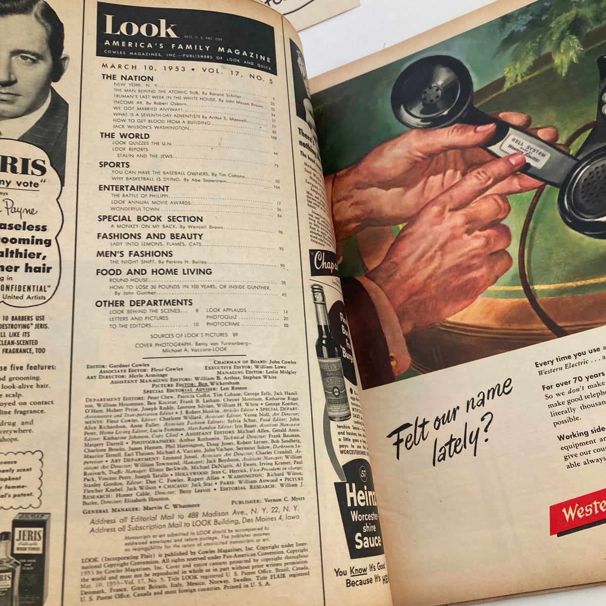 Inside spread of VTG Look Magazine March 10 1953, highlighting the table of contents and various articles.