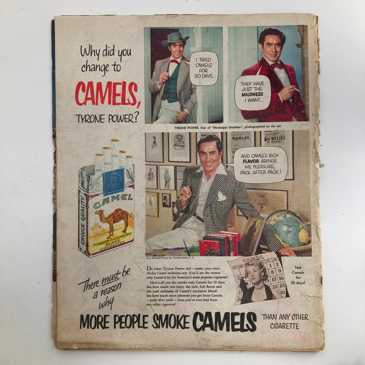 Back cover of VTG Look Magazine March 10 1953, featuring an advertisement with Tyrone Power promoting Camel cigarettes.