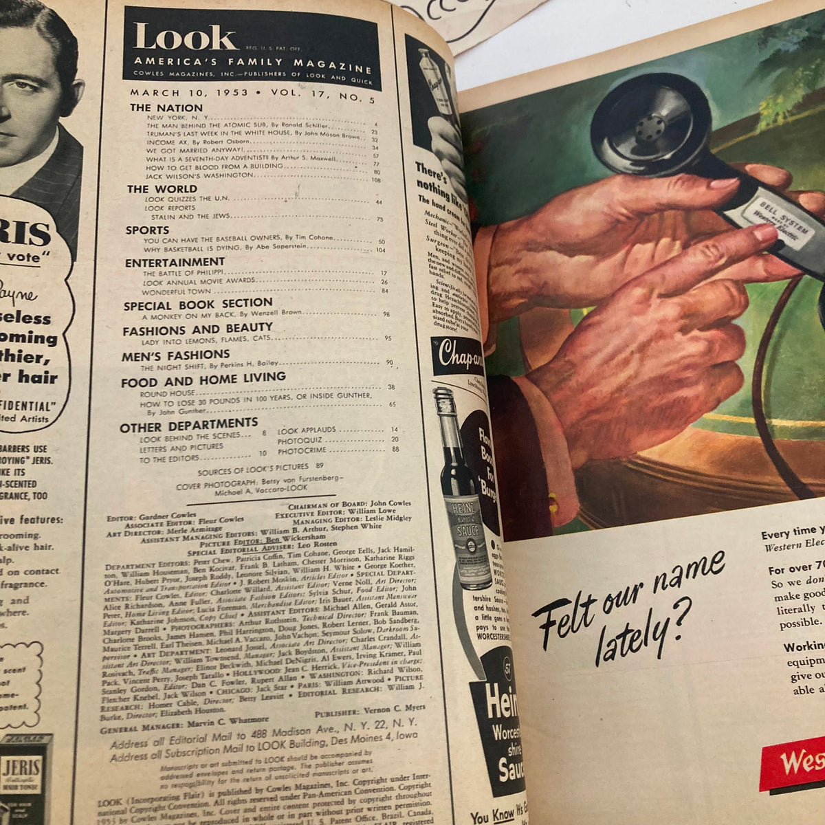 Inside spread of VTG Look Magazine March 10 1953, focusing on additional features and content listing.