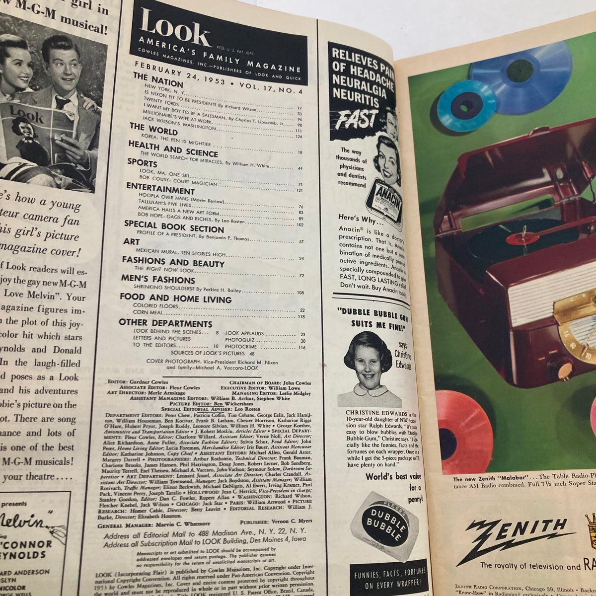 Interior page of VTG Look Magazine from February 24, 1953, displaying contents including featured articles and advertisements.
