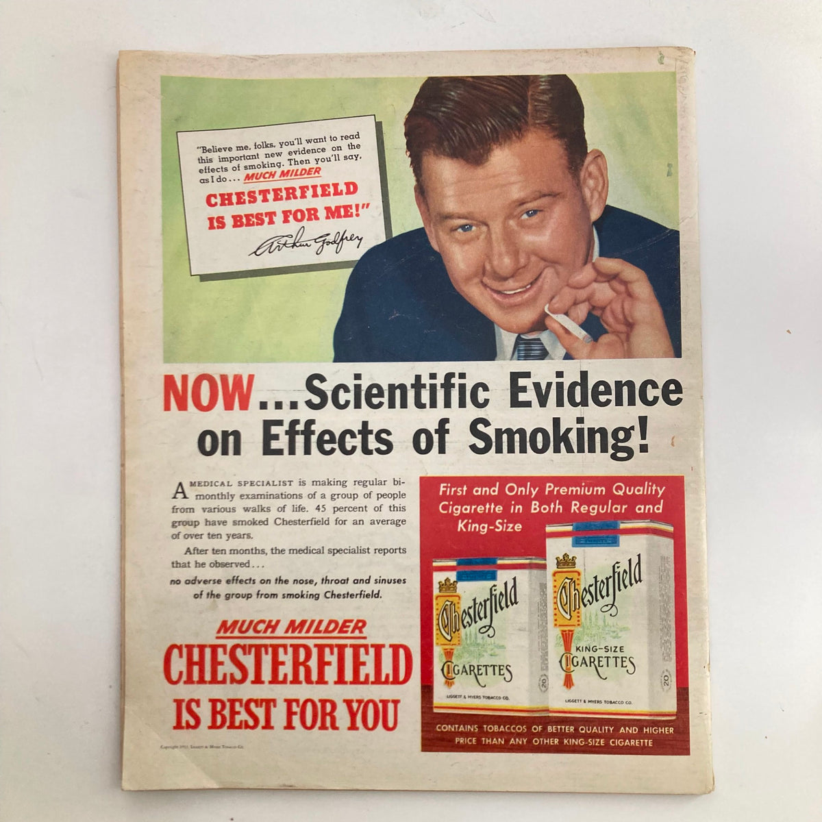 Advertisement in VTG Look Magazine, February 24, 1953, promoting Chesterfield cigarettes with the tagline on the effects of smoking.