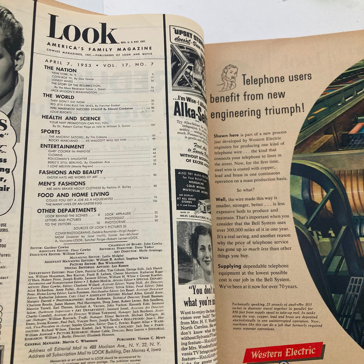 Inside look at the VTG Look Magazine April 7, 1953, featuring an article and advertisements, showcasing the content and design of the magazine.