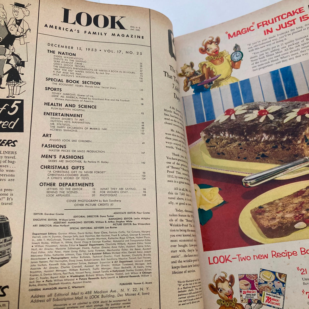Interior page of VTG Look Magazine December 15 1953, featuring the table of contents highlighting various articles and features of the issue.