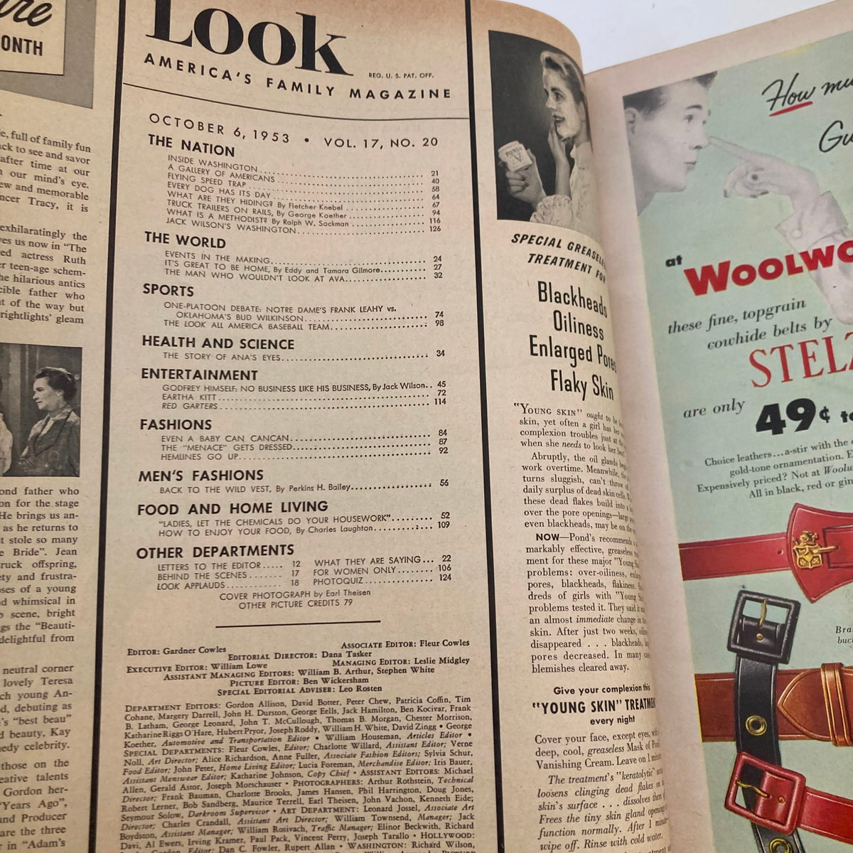 Interior page of VTG Look Magazine October 6 1953 displaying the table of contents, highlighting articles on fashion, entertainment, and features from the era.