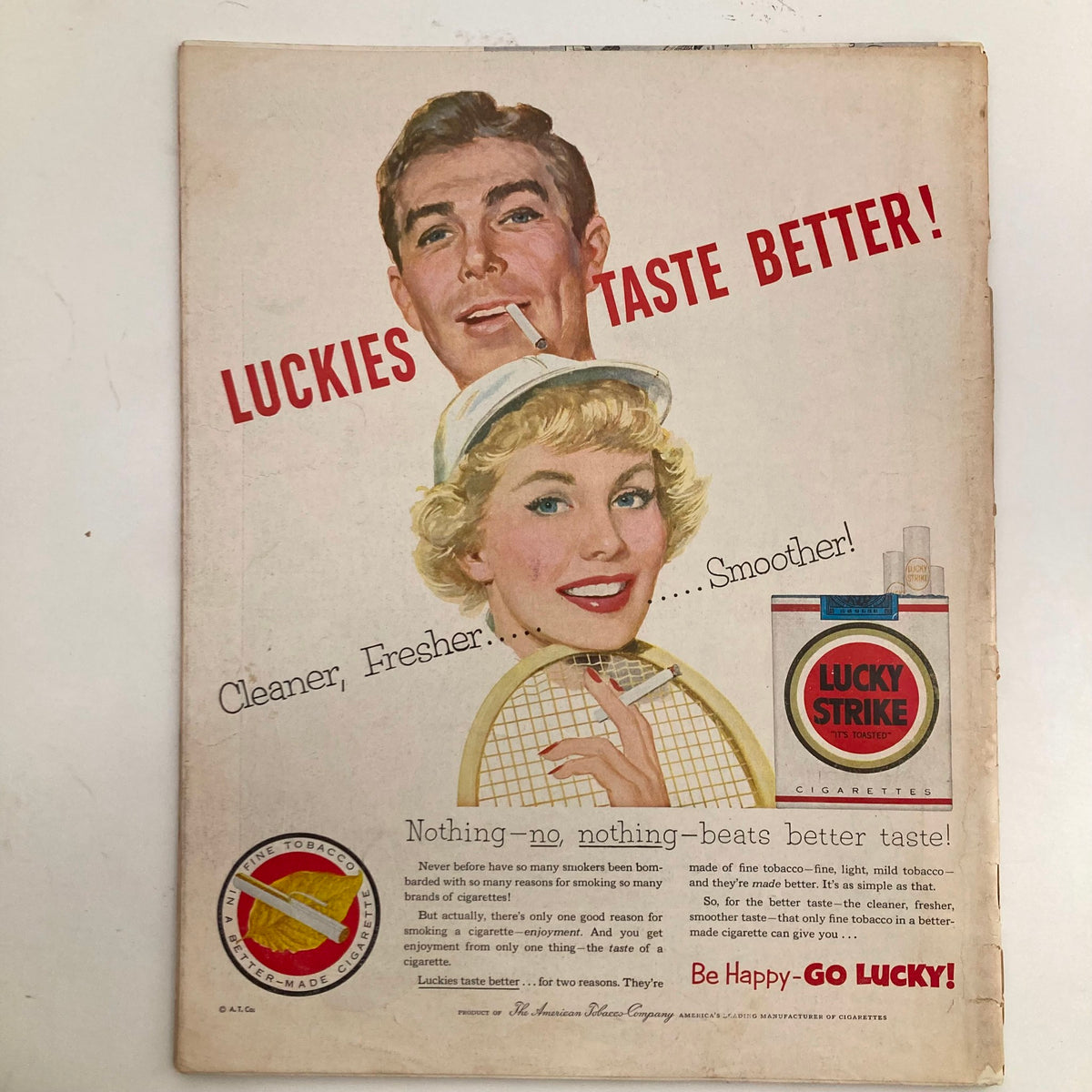 Back cover of VTG Look Magazine August 11 1953 featuring a vintage Lucky Strike cigarette advertisement, illustrating mid-century marketing style.