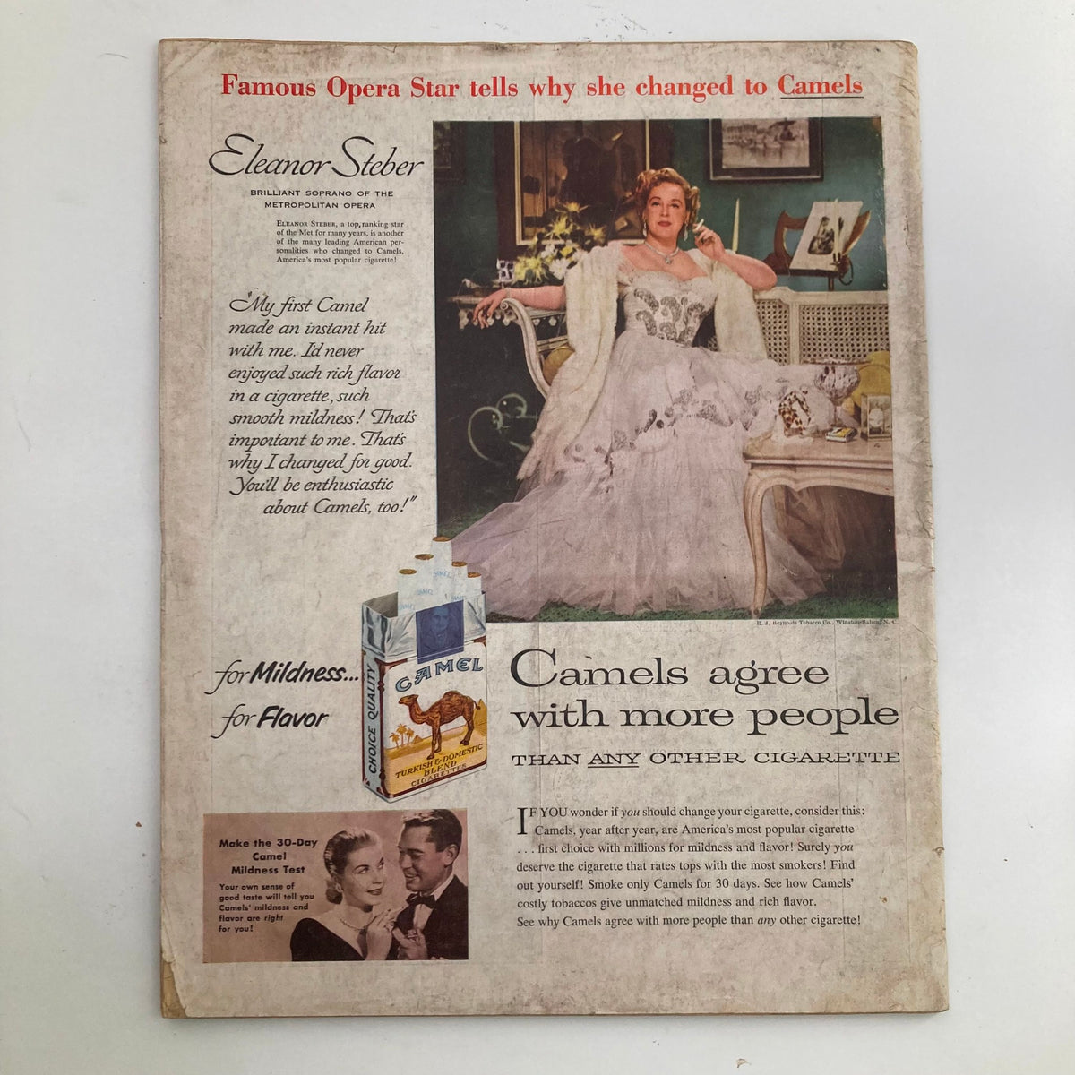 Back cover of the VTG Look Magazine March 9 1954, featuring an advertisement for Camels cigarettes with a famous opera star.