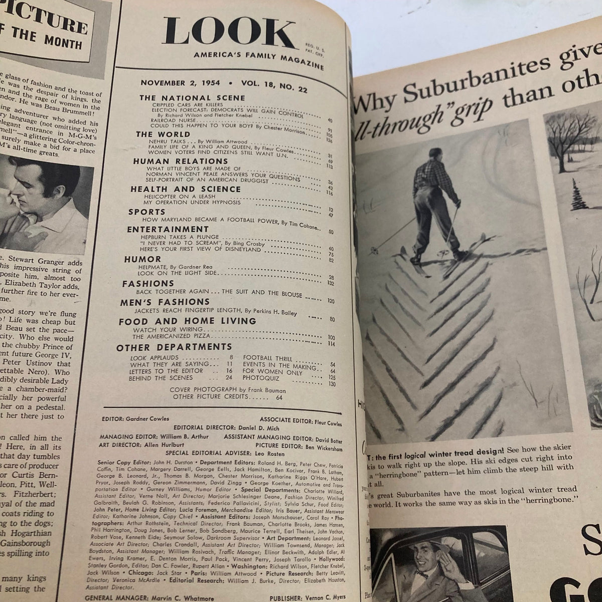 Interior page of Look Magazine from November 2 1954, displaying table of contents and highlighting articles including sports and entertainment.