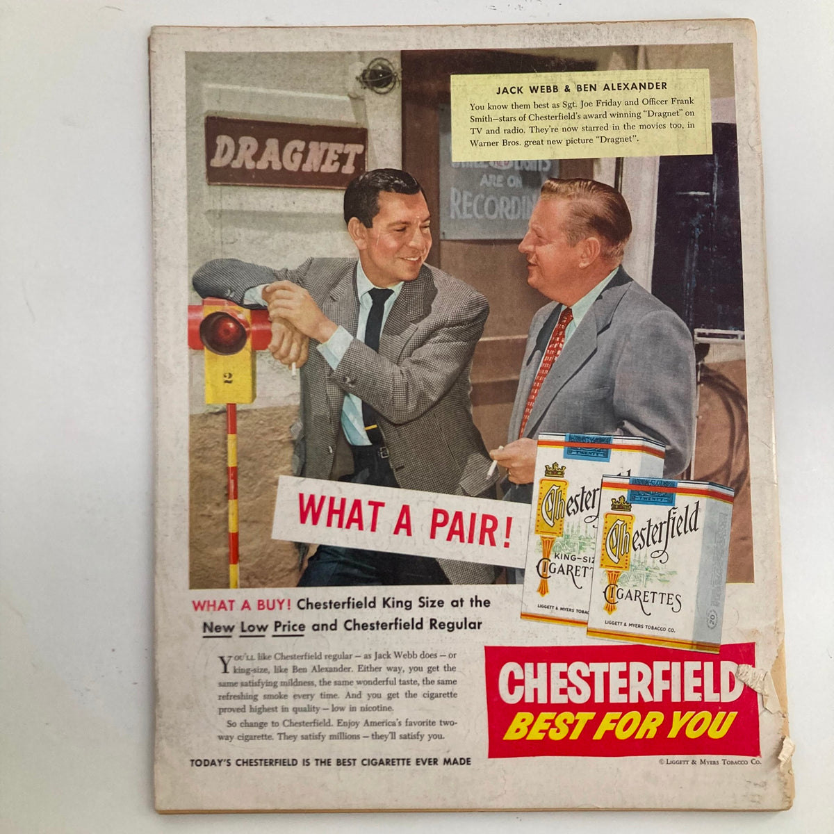 Back cover of Look Magazine November 2 1954 featuring an advertisement for Chesterfield cigarettes, showcasing actors Jack Webb and Ben Alexander.
