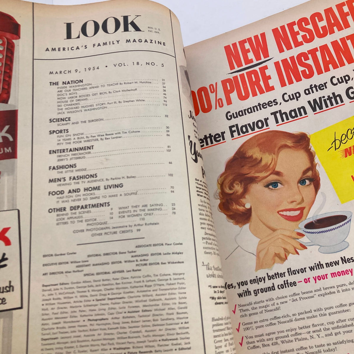 Interior page of VTG Look Magazine March 9 1954 displaying the table of contents and various article highlights, capturing the magazine's diverse topics.