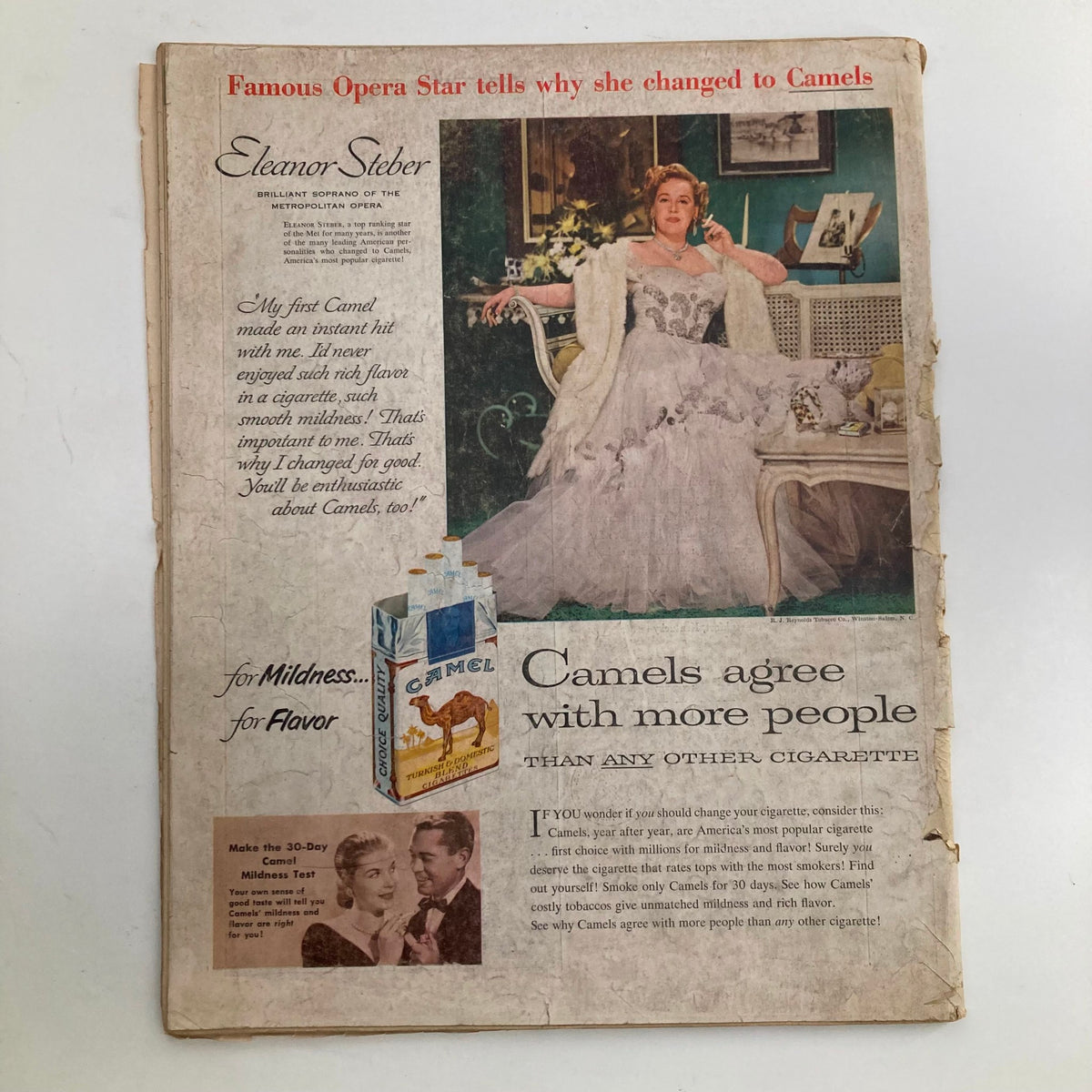 Back cover of VTG Look Magazine March 9 1954 featuring an advertisement for Camels cigarettes with a glamorous opera singer, illustrating vintage advertising style.