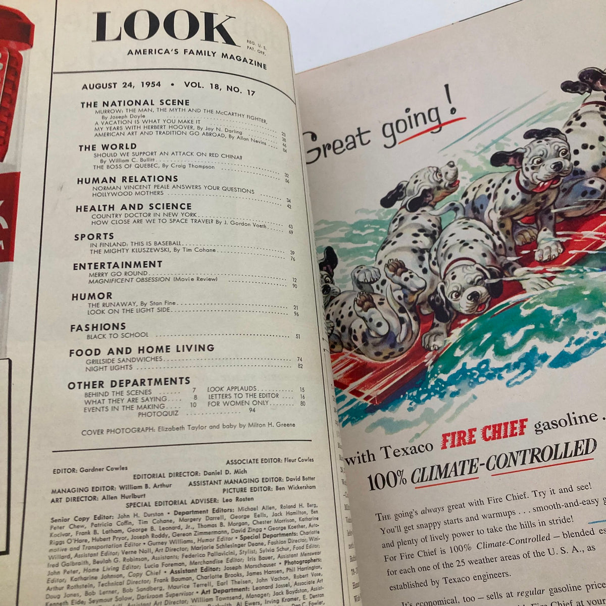 Inside page of VTG Look Magazine August 24 1954 featuring the table of contents, with listings of articles and features, including a cover photograph by Milton H. Greene.