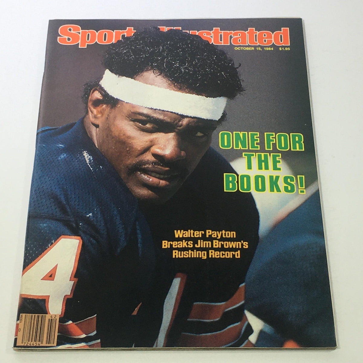Sports Illustrated cover from October 15, 1984, featuring NFL player Walter Payton of the Chicago Bears, highlighting his achievement of breaking Jim Brown's rushing record with the text 'ONE FOR THE BOOKS!' on the cover.