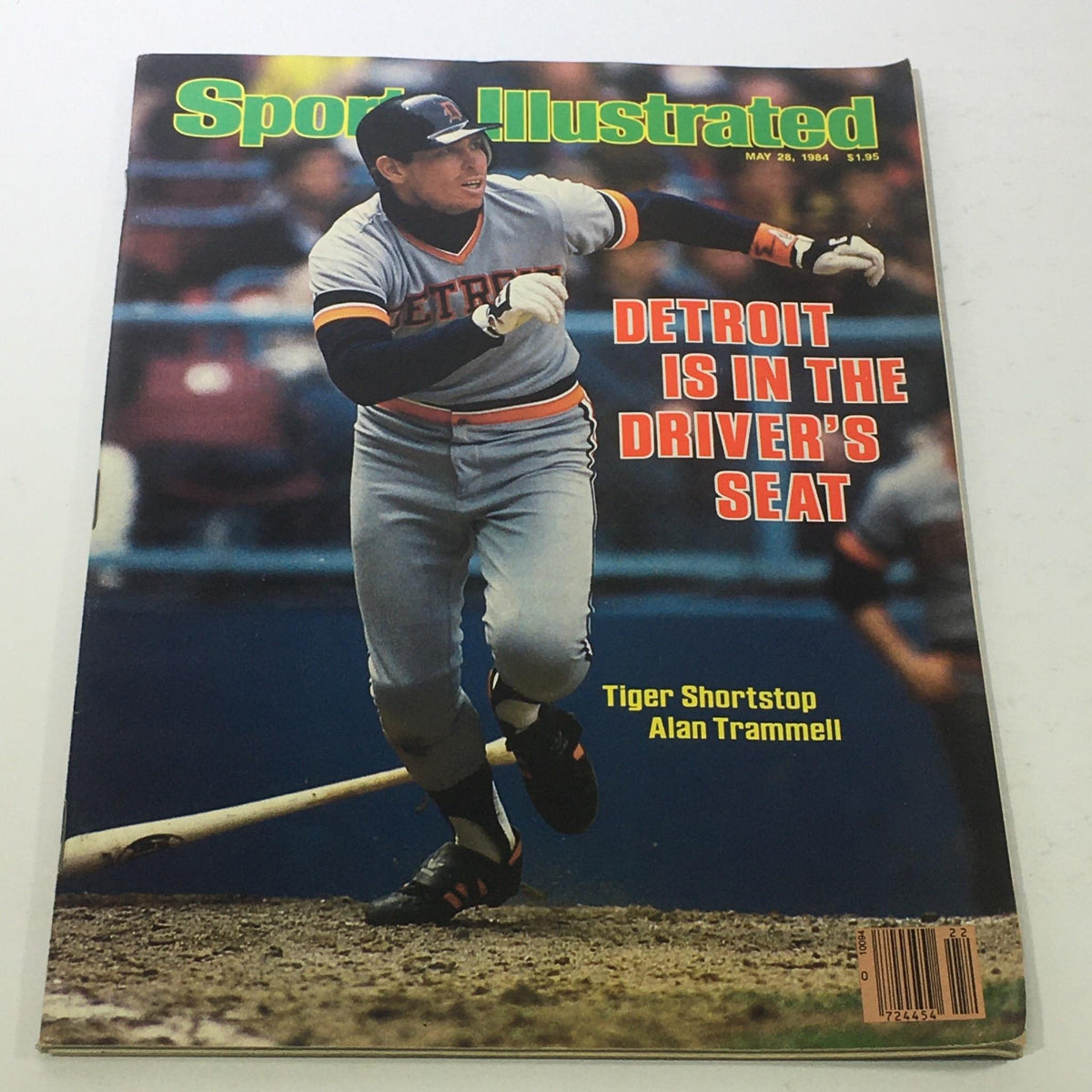 Vintage Sports Illustrated magazine cover from May 25, 1984, featuring MLB Tiger shortstop Alan Trammell. The cover highlights the title 'Detroit is in the Driver's Seat,' showcasing Trammell in action on the baseball field.