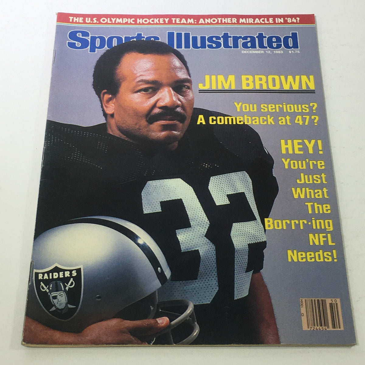Sports Illustrated December 12, 1983 cover featuring NFL legend Jim Brown with the headline about his comeback at age 47 and a Raiders helmet, making it a valuable collectible for sports enthusiasts.