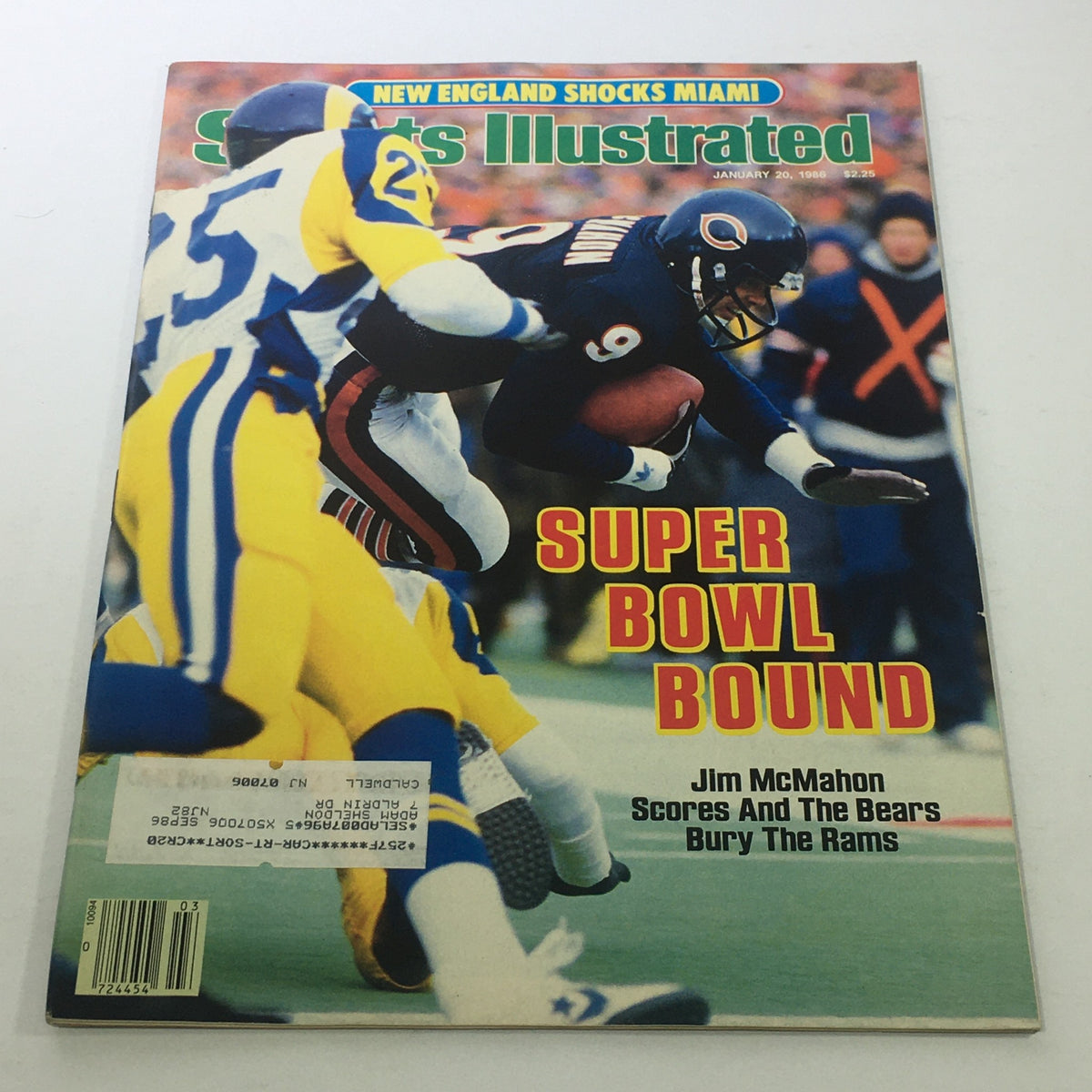 Sports Illustrated cover from January 20, 1986, featuring Jim McMahon in action as the Chicago Bears bury the Rams. The magazine highlights a pivotal moment in NFL history with the caption 'Super Bowl Bound'.