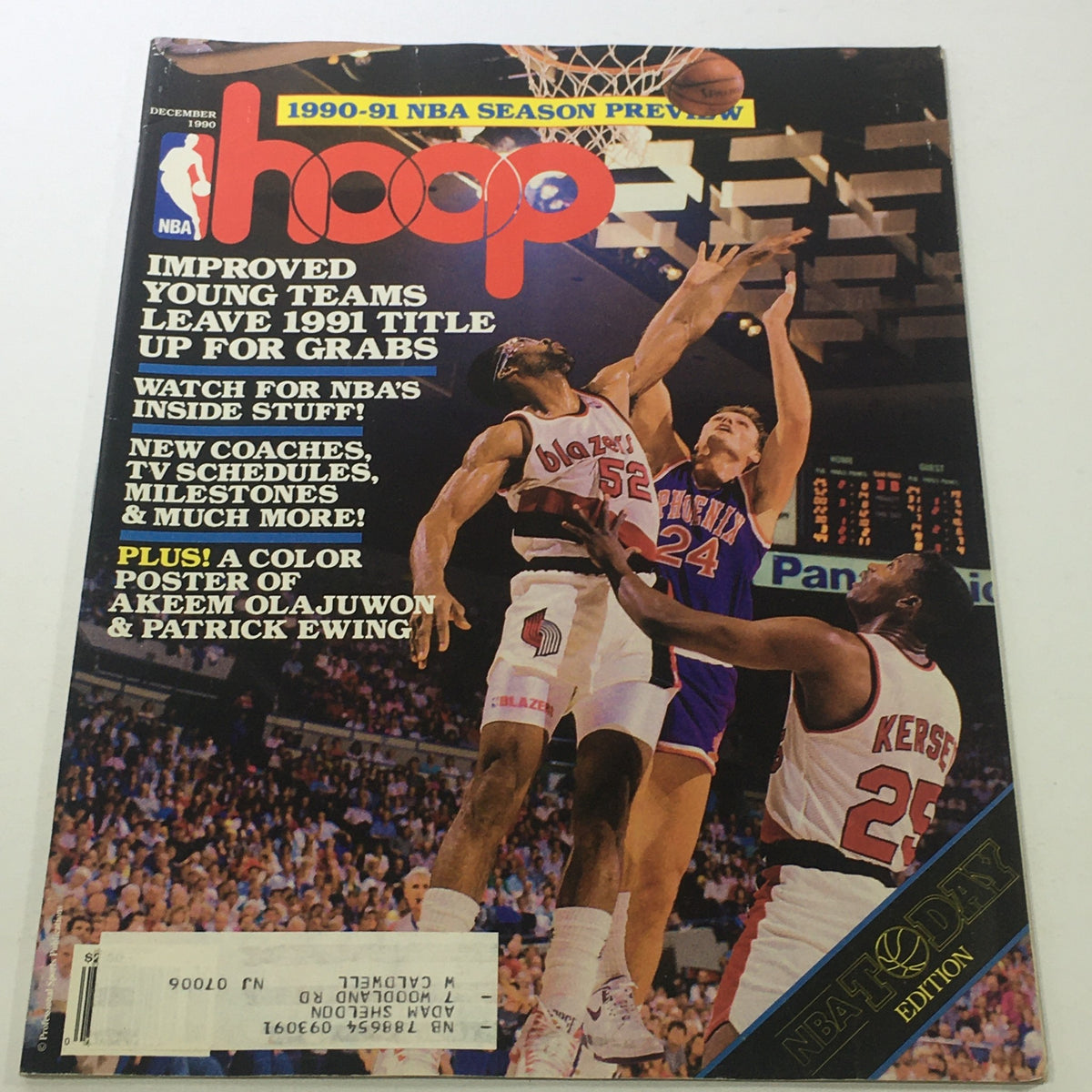 Hoop NBA Magazine cover for December 1990 featuring Buck Williams, Sean Chambers, and Jerome Kersey. The magazine highlights improved young NBA teams and previews the 1990-91 season with a color poster of Akeem Olajuwon and Patrick Ewing.
