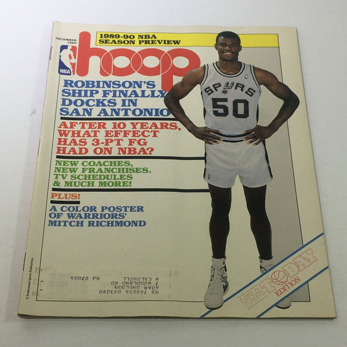 Cover of the December 1989 Hoop NBA Magazine featuring David Robinson with the title 'Robinson's Ship Finally Docks in San Antonio' showcasing NBA season preview, player highlights, and classic advertisements.