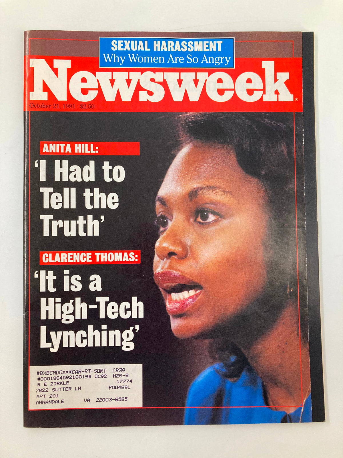 Cover of Newsweek Magazine from October 21, 1991 featuring headlines on Anita Hill and Clarence Thomas discussing issues of sexual harassment, with a prominent image of Anita Hill speaking passionately.