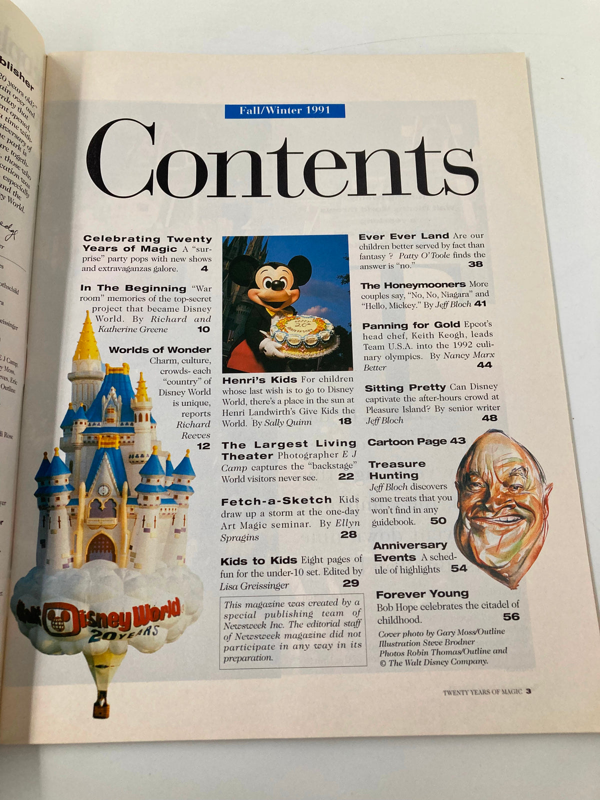 Inside page of Newsweek Magazine Fall/Winter 1991 showing the table of contents for Disney World 20 Years of Magic Party edition.
